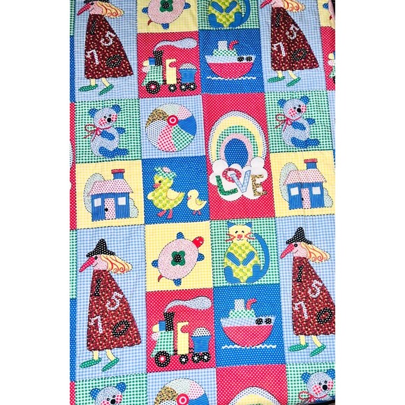 Vtg Quilt Blanket 70's Child's Toy Theme Cottage Core Yellow Green Red Blue - Picture 1 of 5
